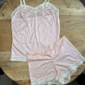 Vintage 80s Undercover Wear 2 PC Negligee Lace Set Nylon Pink Sissy Pajama Small